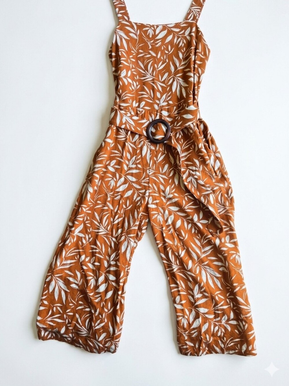 Monteau Los Angeles Rust Leaf-Print Wide-Leg Jumpsuit with Belt And Pockets